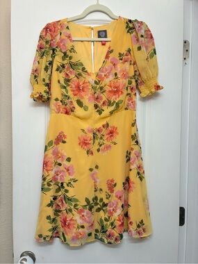 Vince Camuto Yellow Floral V-Neck A-Line Dress